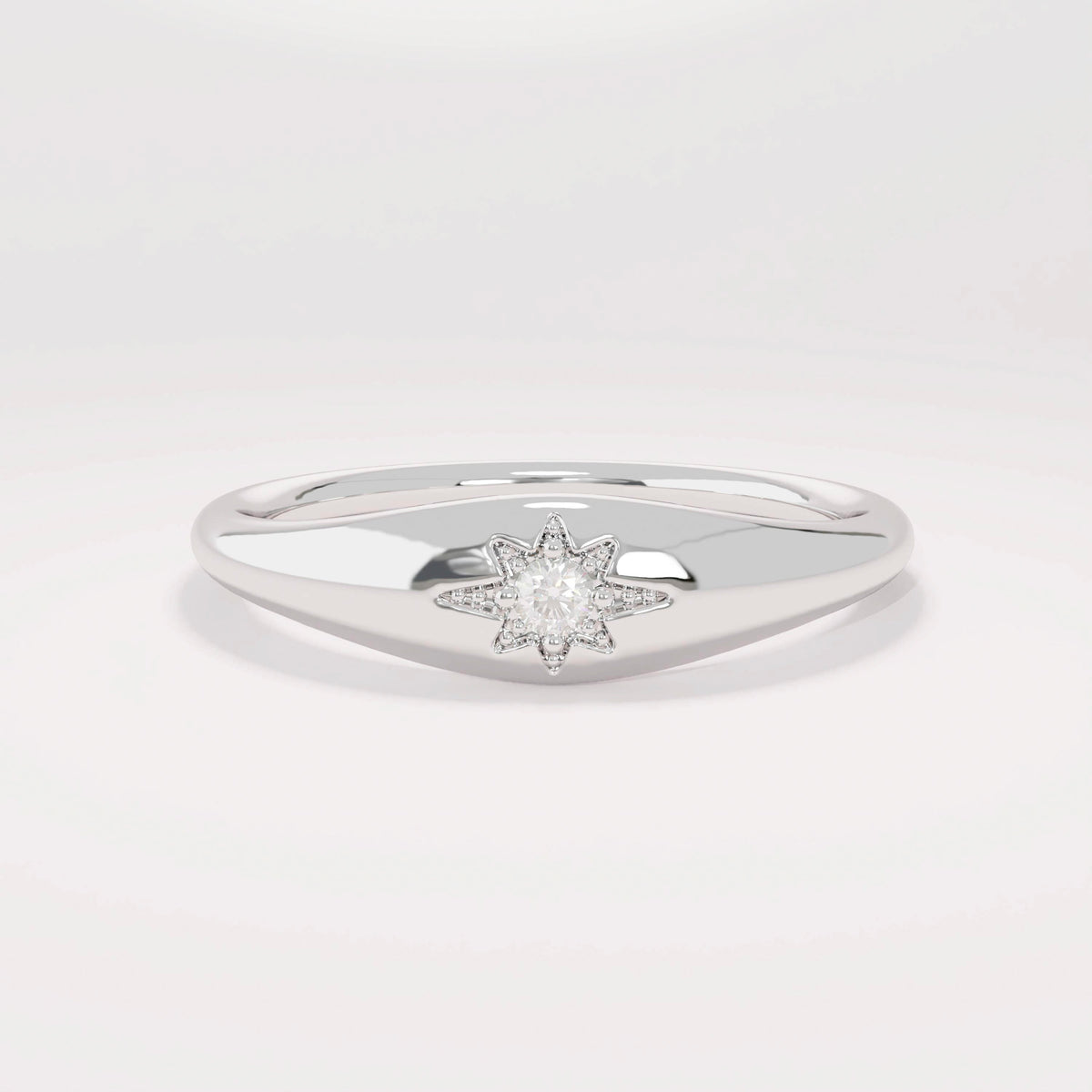 14k Solid Gold Diamond Starburst Pinky Ring - Small Signet Celestial Ring, Dainty Stacking Band