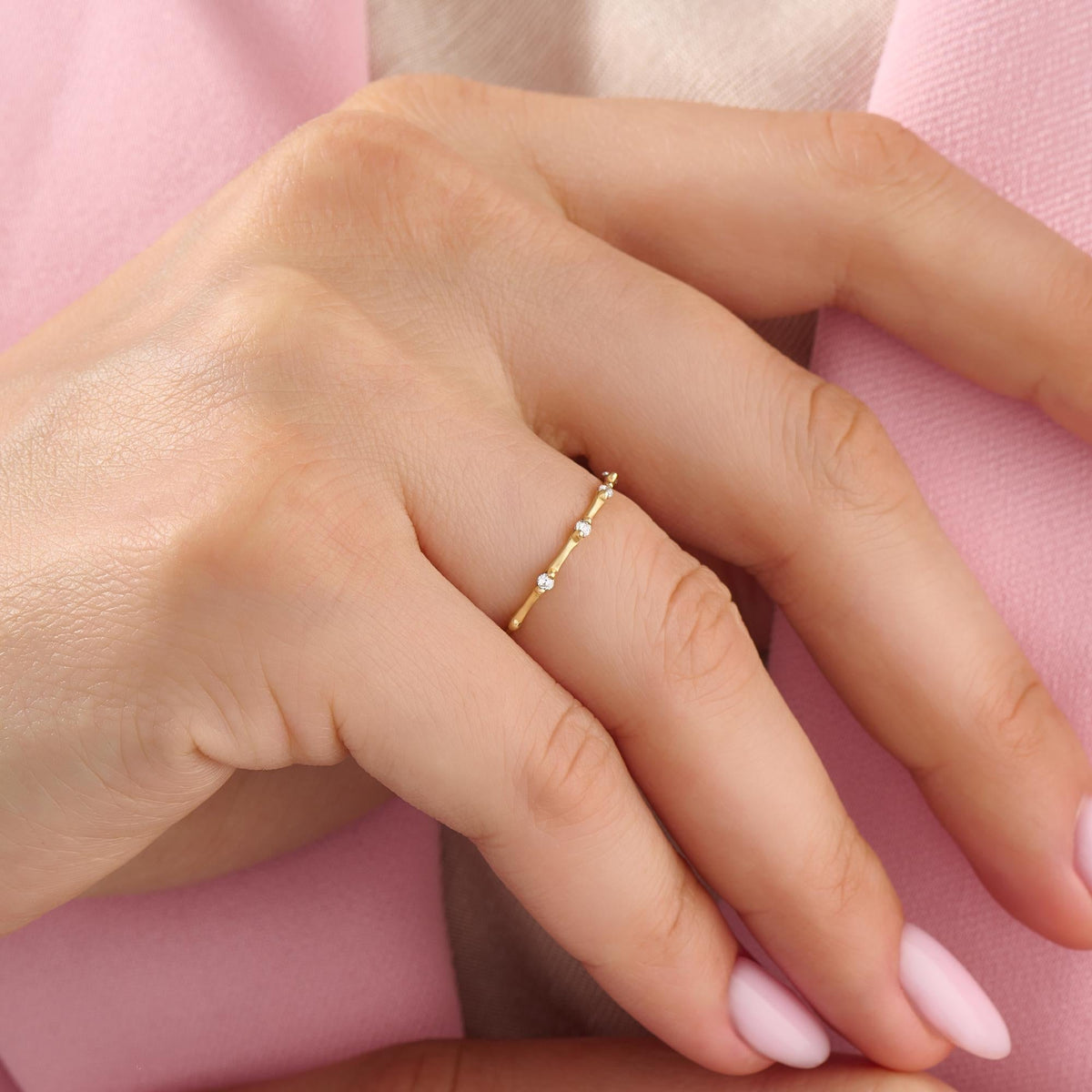 Diamond Stackable Ring,  14k Solid Gold Stacking Ring, Tiny Diamond Bone Band for Women, Diamond Thumb Ring, Thin Index Finger Ring