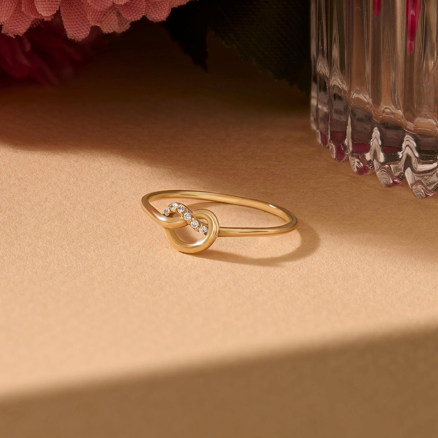 14K Solid Gold Diamond Knot Ring – Pave Friendship Band & Promise Ring for Her | Yellow/Rose/White Gold Jewelry