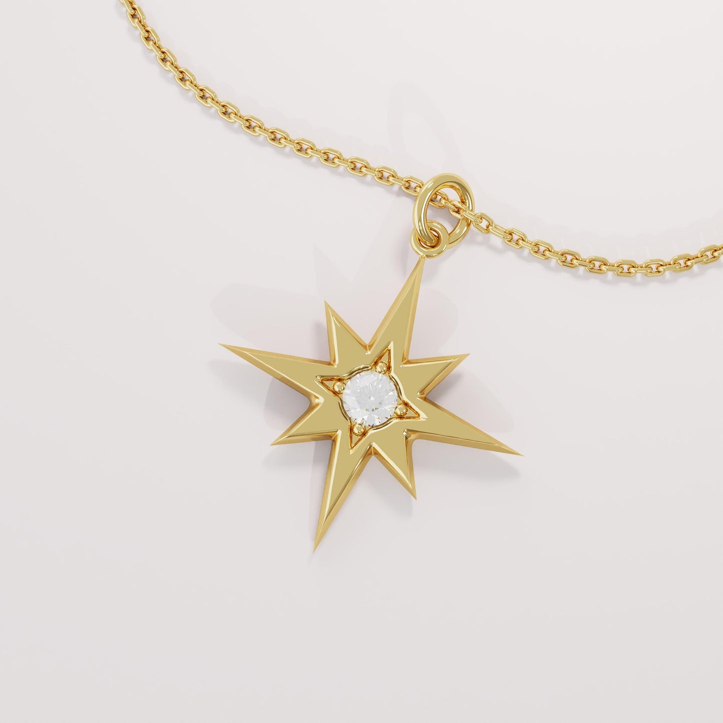 14k Solid Gold Diamond North Star Pendant - Dainty Compass Star Charm, Celestial Necklace