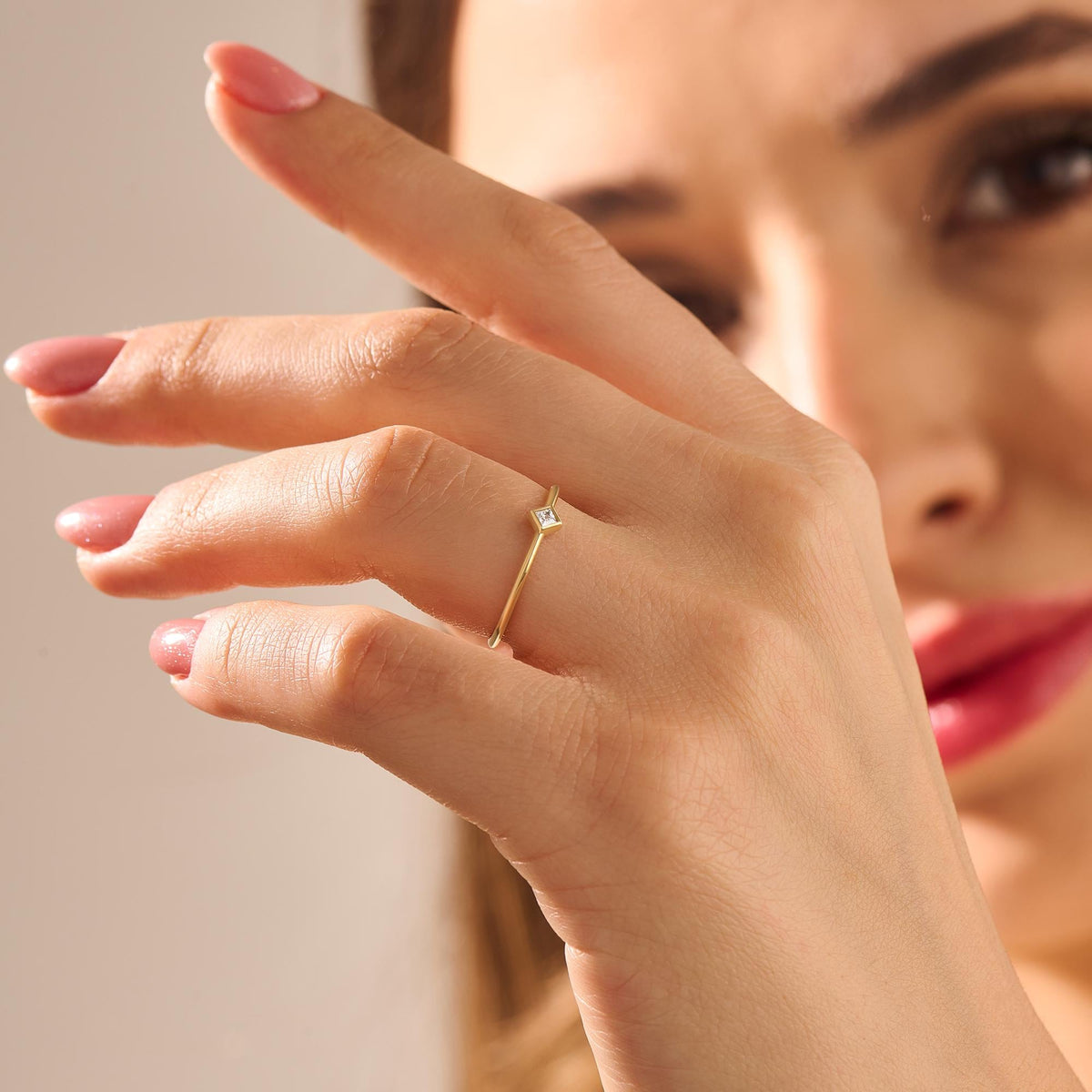14k Gold Tiny Diamond Solitaire Ring | Minimal Princess-Cut Promise Ring | Basic Pinky/Engagement Ring for Women