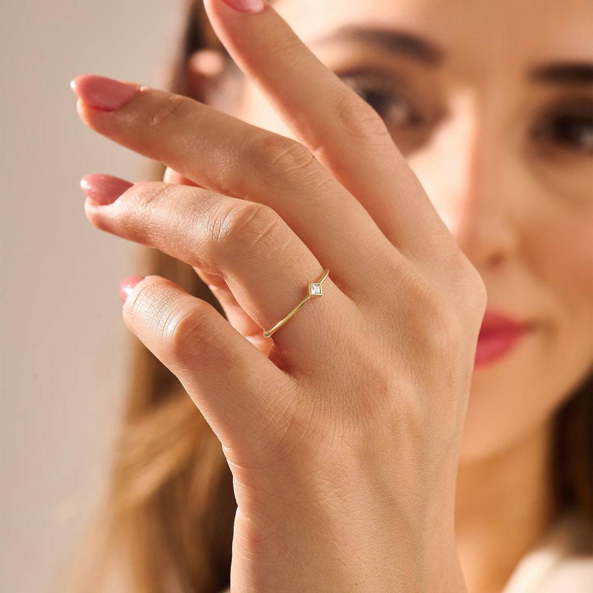 14k Gold Tiny Diamond Solitaire Ring | Minimal Princess-Cut Promise Ring | Basic Pinky/Engagement Ring for Women