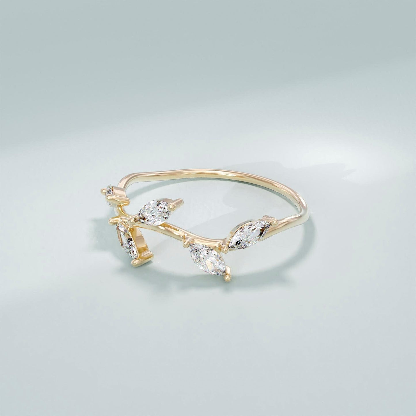 Marquise Diamond Leaf Ring – 14k Solid Gold Vine Floral Band | Nature-Inspired Stackable Wedding Ring for Women