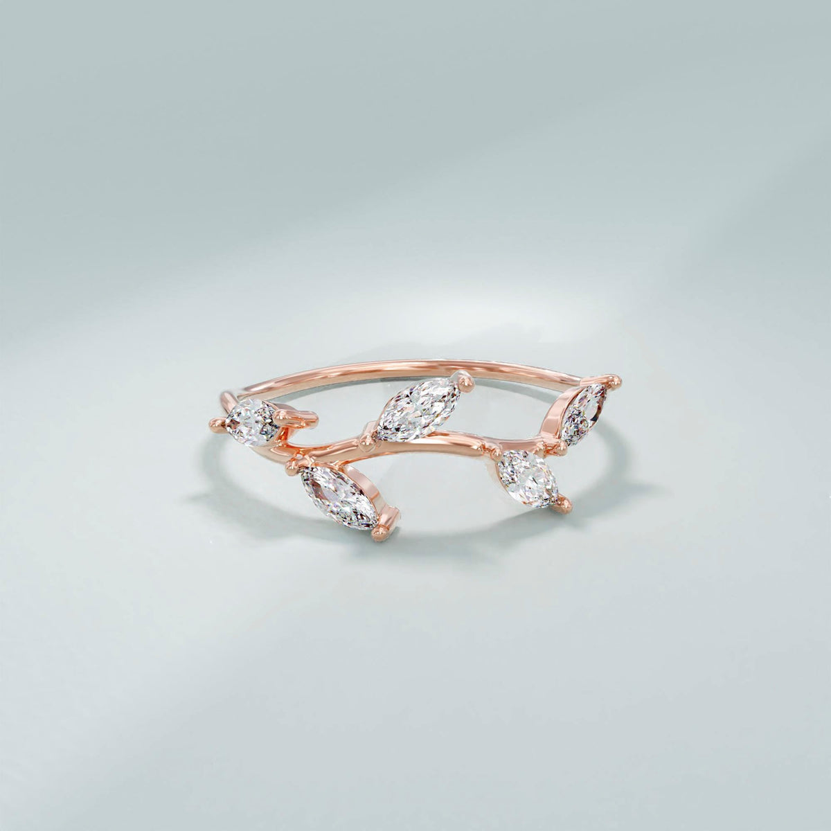 Marquise Diamond Leaf Ring – 14k Solid Gold Vine Floral Band | Nature-Inspired Stackable Wedding Ring for Women