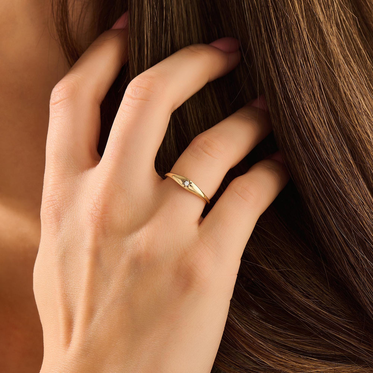 14k Solid Gold Diamond Starburst Pinky Ring - Small Signet Celestial Ring, Dainty Stacking Band