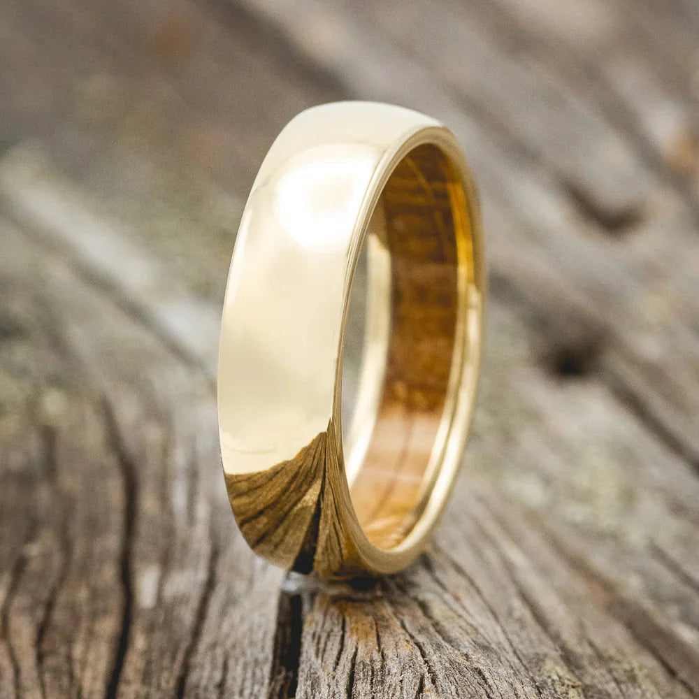 Domed Whiskey Barrel Lined Wedding Band - 14K Yellow Gold (6mm) - Size 10