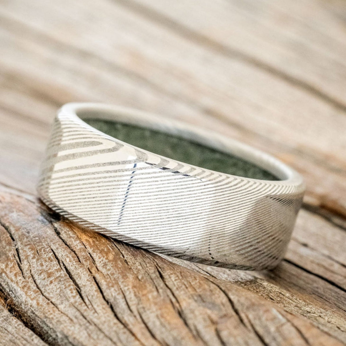 "Hyperion" - Crushed Moss Agate Lined Wedding Band With Custom Finish