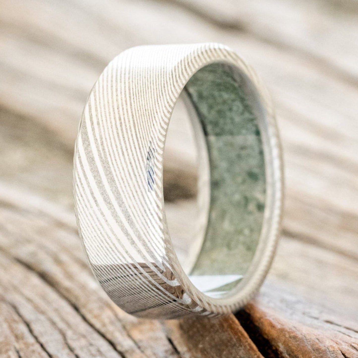 "Hyperion" - Crushed Moss Agate Lined Wedding Band With Custom Finish