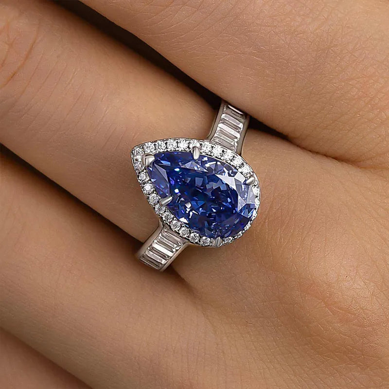 Polished Pear Cut 3.0ct Aquamarine Blue Pave Engagement Ring In Sterling Silver