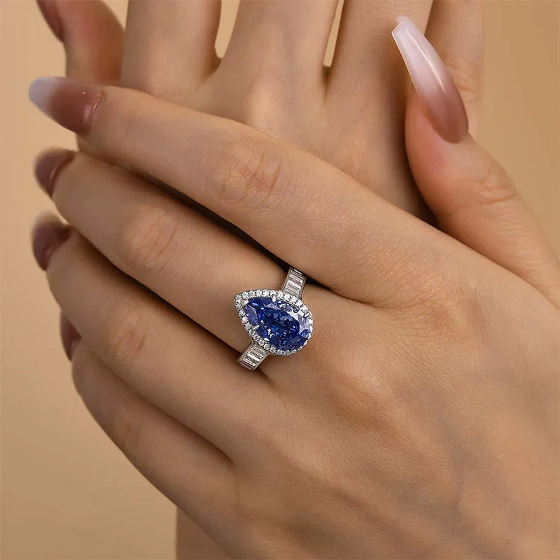 Polished Pear Cut 3.0ct Aquamarine Blue Pave Engagement Ring In Sterling Silver