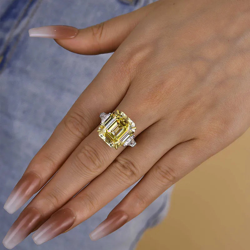 Deluxe Assher Cut 12.0ct Yellow Stone Three Stone Engagement Ring In Sterling Silver