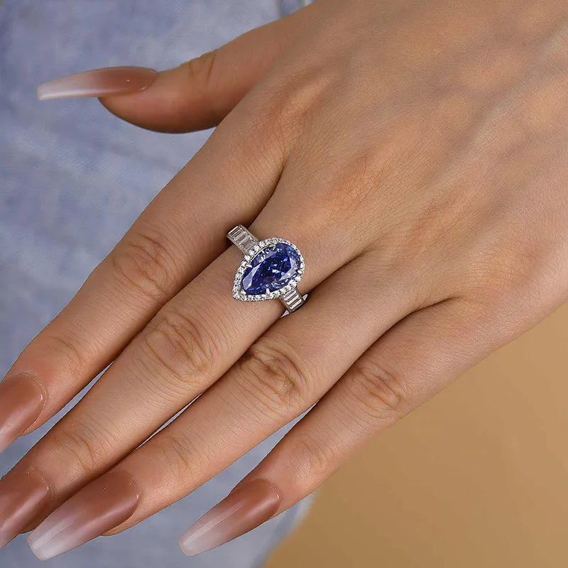 Polished Pear Cut 3.0ct Aquamarine Blue Pave Engagement Ring In Sterling Silver