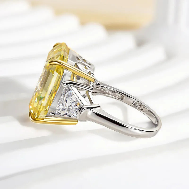 Deluxe Assher Cut 12.0ct Yellow Stone Three Stone Engagement Ring In Sterling Silver