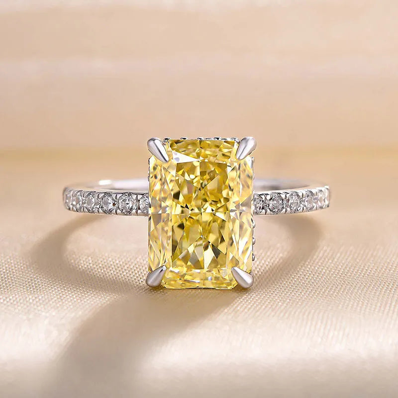 Gorgeous Radiant Cut 3.3ct Yellow Stone Hidden Halo Engagement Ring In Sterling Silver