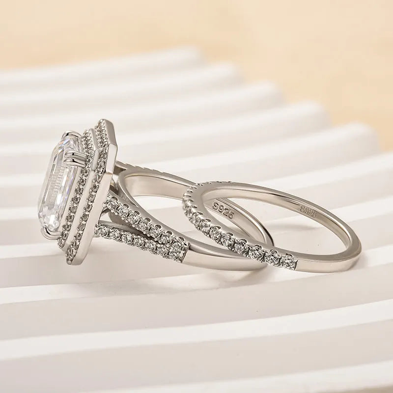 Opulent Emerald Cut 3.0ct Split Shank 925 Sterling Silver Wedding Ring Set