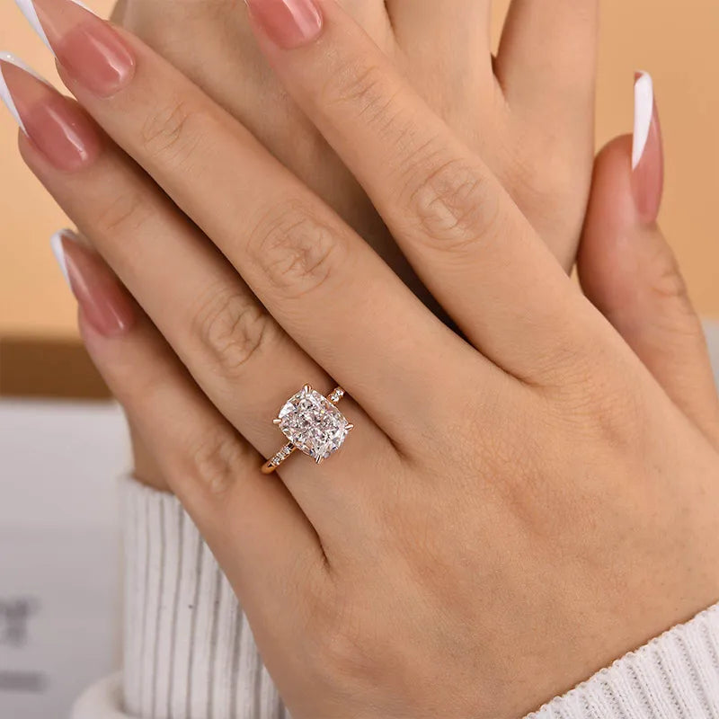 Transcendent Cushion Cut 4.0ct Hidden Halo Engagement Ring In Sterling Silver
