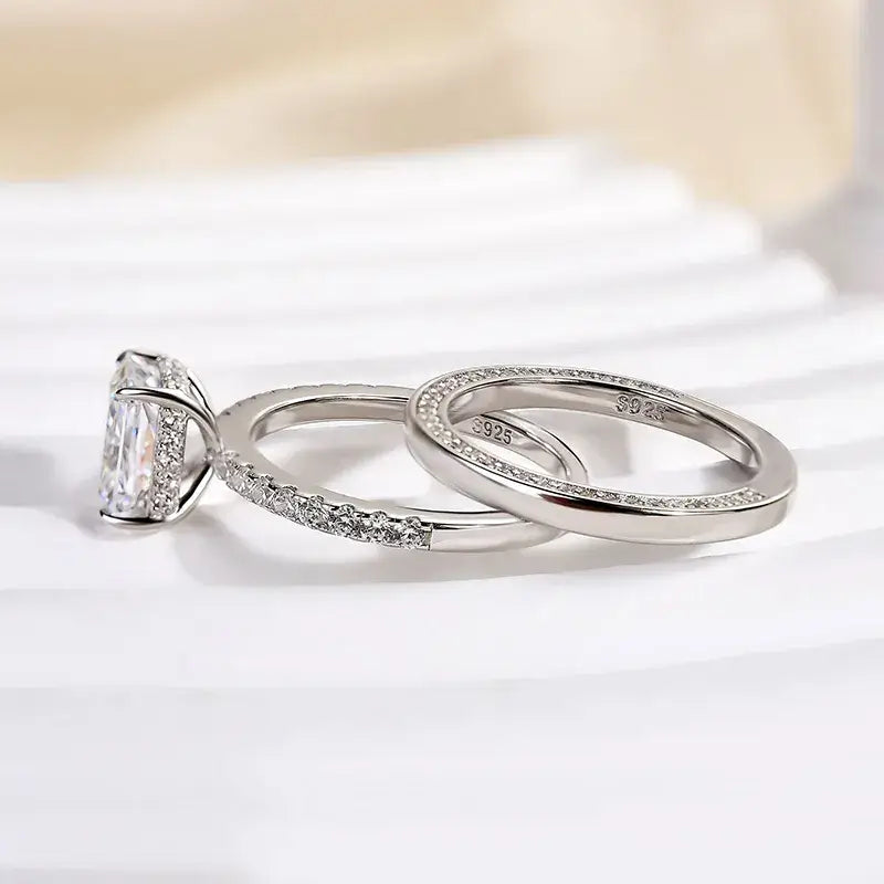 Radiant Cut White Gold Plated 925 Sterling Silver Ring Set with Cubic Zirconia Classic Wedding Ring Set