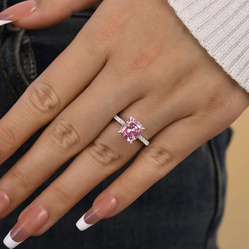 Chic Cushion Cut 3.0ct Pink Stone Hidden Halo Engagement Ring In Sterling Silver