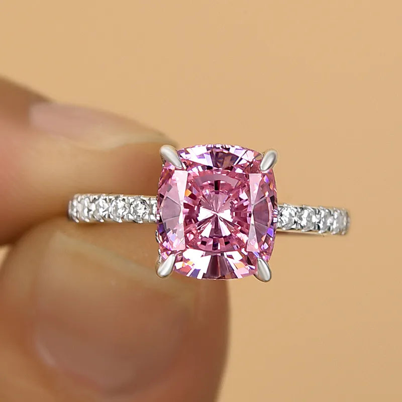 Chic Cushion Cut 3.0ct Pink Stone Hidden Halo Engagement Ring In Sterling Silver