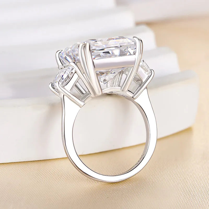 Effervescent Radiant Cut 12.0ct Three Stone Engagement Ring In Sterling Silver