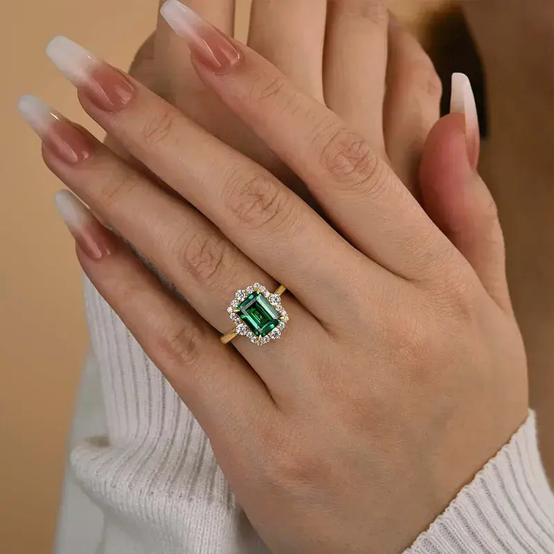 Vintage Halo Emerald Cut 3.0ct Emerald Green Engagement Ring In Sterling Silver