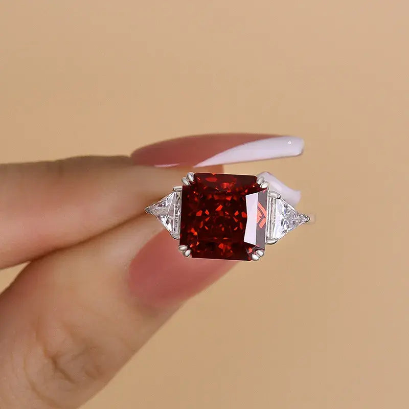 Refined Ruby 5.0ct Radiant Cut Three Stone Engagement Ring