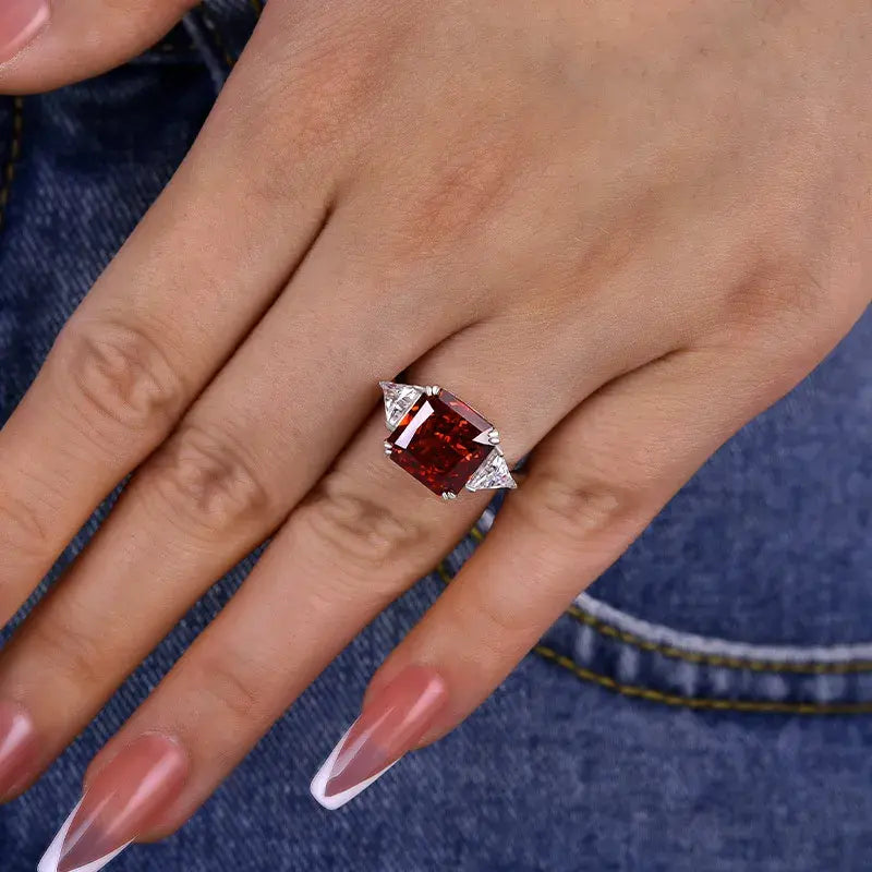 Refined Ruby 5.0ct Radiant Cut Three Stone Engagement Ring