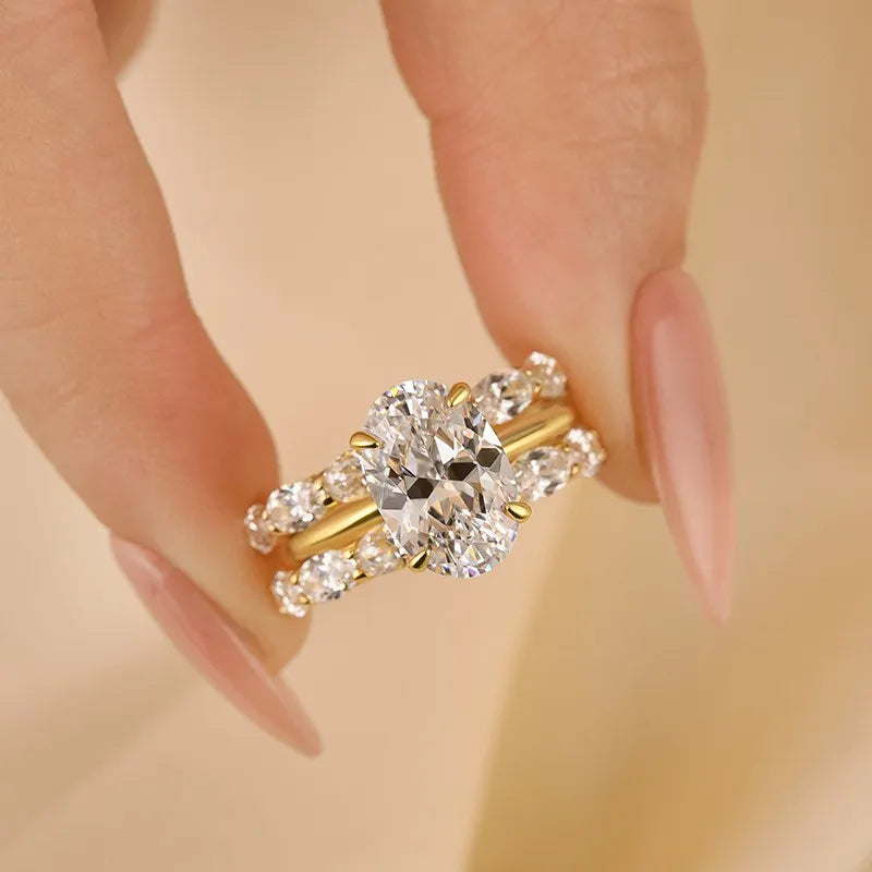 Stunning Oval Cut 4.0ct 3PC Ring 925 Sterling Silver Wedding Ring Set
