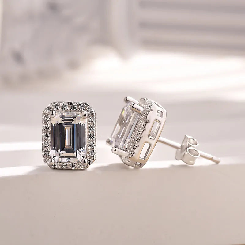 Solarii Halo Emerald Cut Stud Earrings In Sterling Silver