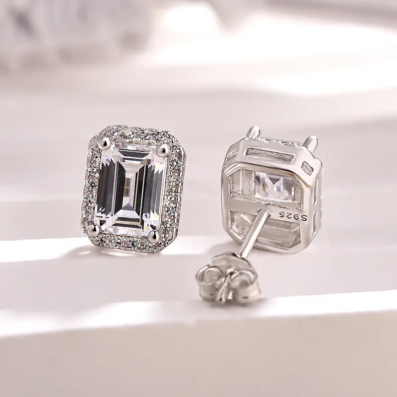 Solarii Halo Emerald Cut Stud Earrings In Sterling Silver