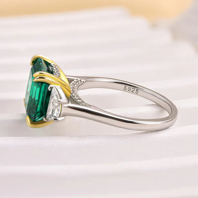Regal Asscher Cut 4.5ct Emerald Green Three Stone Engagement Ring In Sterling Silver