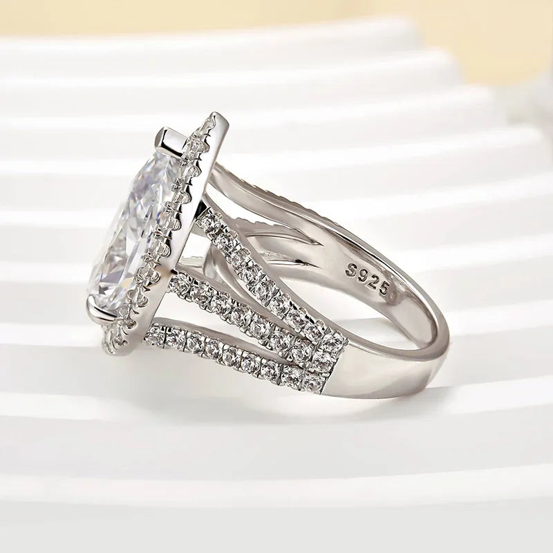 Vintage 4.5ct Split Shank Halo Pear Cut Engagement Ring In Sterling Silver