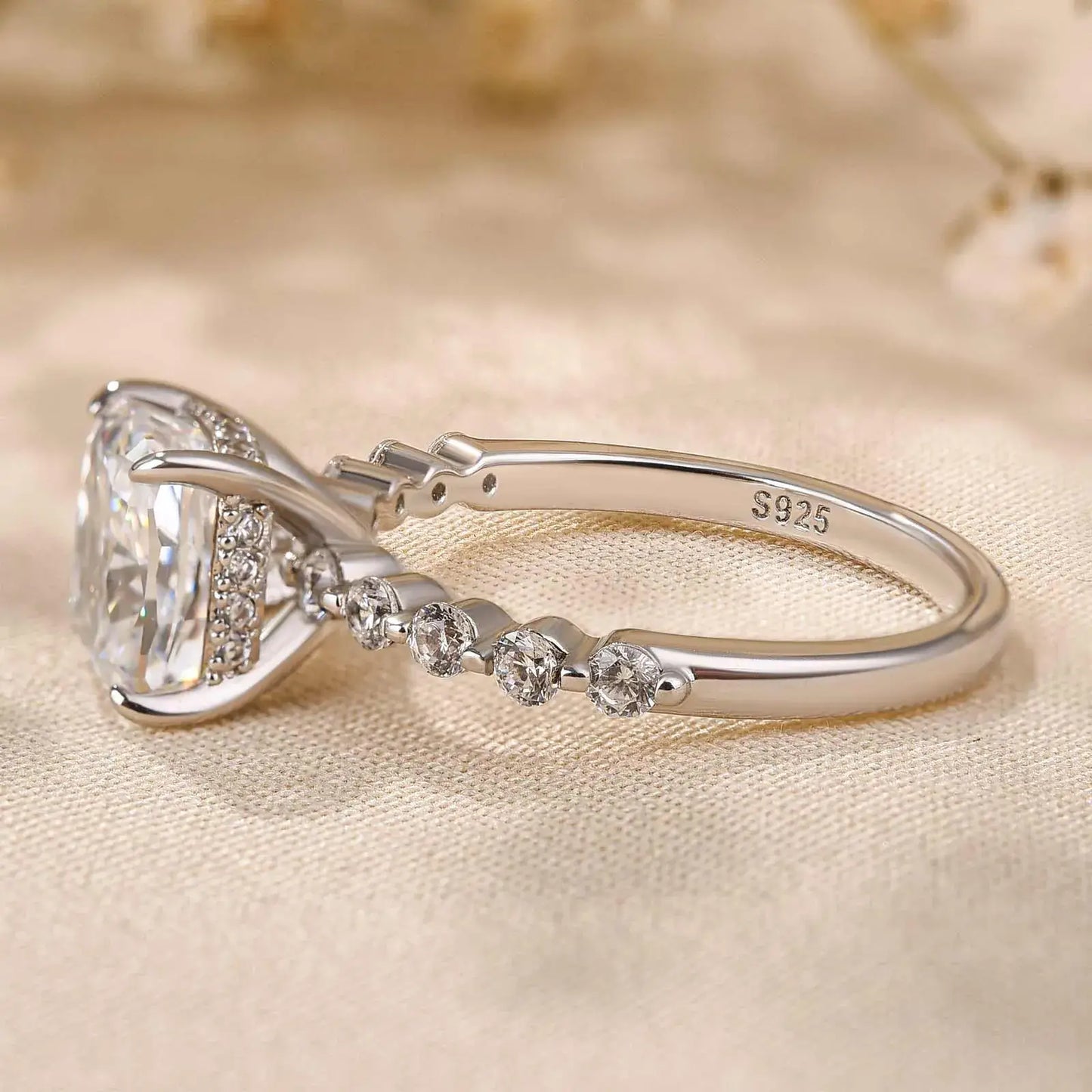 Brilliant Cushion Cut Hidden Halo 925 Sterling Silver Engagement Ring