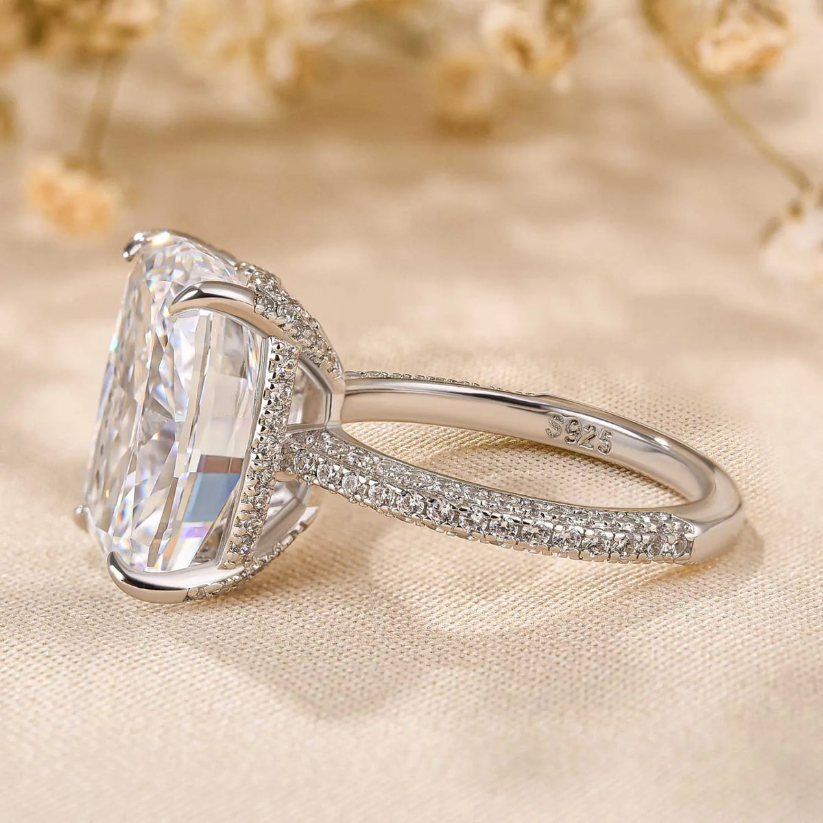 Deluxe Cushion Cut 10.0ct Pave Engagement Ring In Sterling Silver