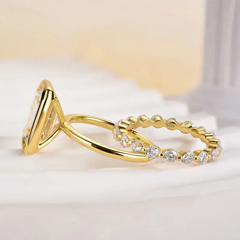 Emerald Cut Yellow Gold Plated 925 Sterling Silver Ring Set with Cubic Zirconia Elegant Gloss Wedding Ring Set