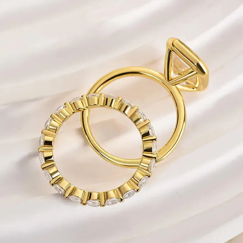 Emerald Cut Yellow Gold Plated 925 Sterling Silver Ring Set with Cubic Zirconia Elegant Gloss Wedding Ring Set