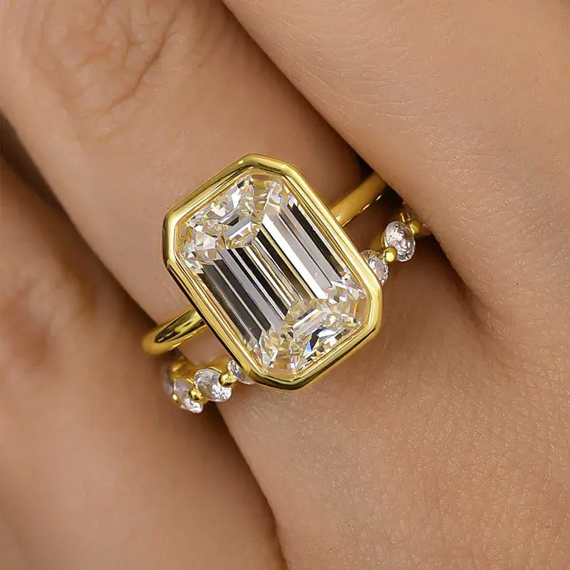 Emerald Cut Yellow Gold Plated 925 Sterling Silver Ring Set with Cubic Zirconia Elegant Gloss Wedding Ring Set