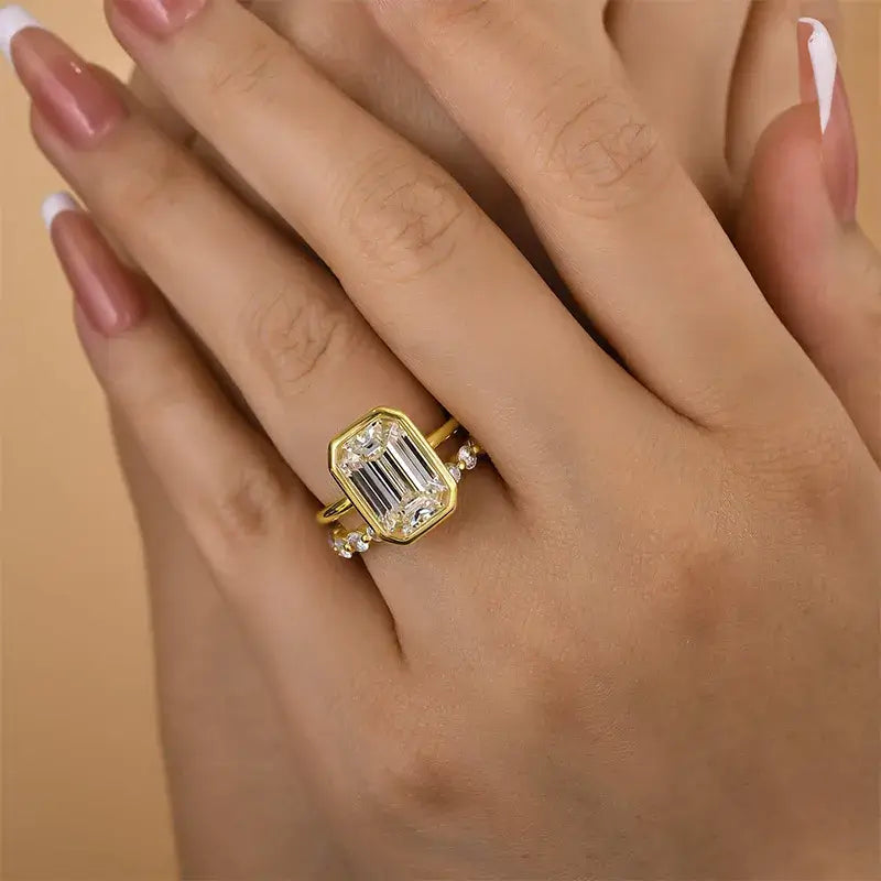 Emerald Cut Yellow Gold Plated 925 Sterling Silver Ring Set with Cubic Zirconia Elegant Gloss Wedding Ring Set