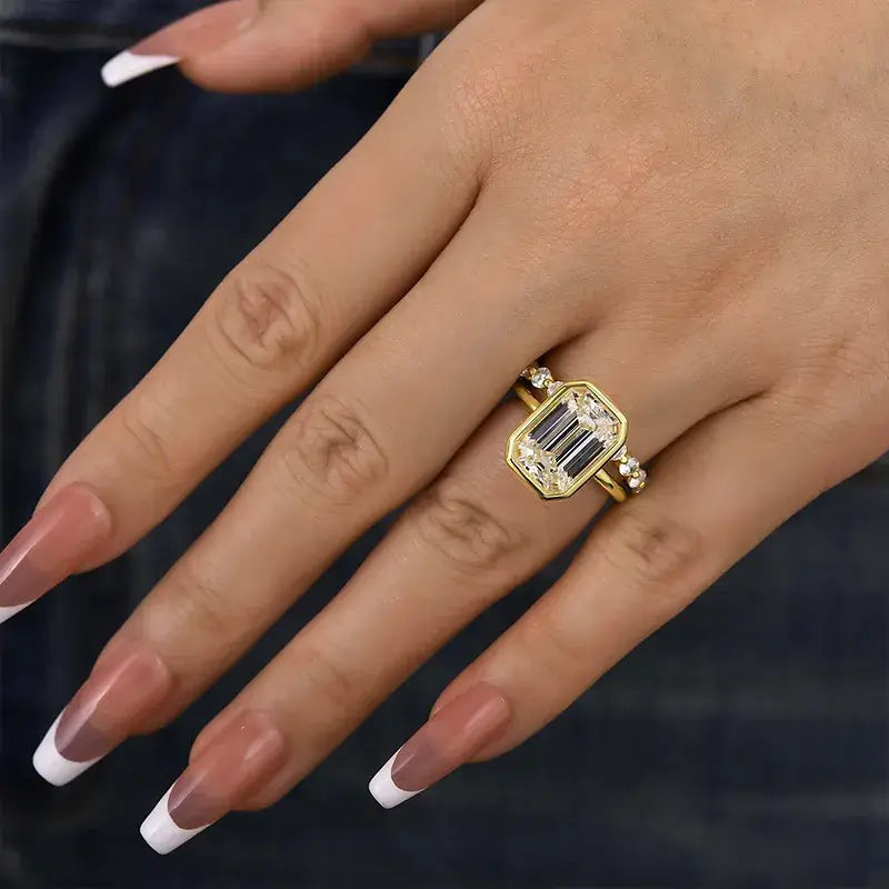 Emerald Cut Yellow Gold Plated 925 Sterling Silver Ring Set with Cubic Zirconia Elegant Gloss Wedding Ring Set