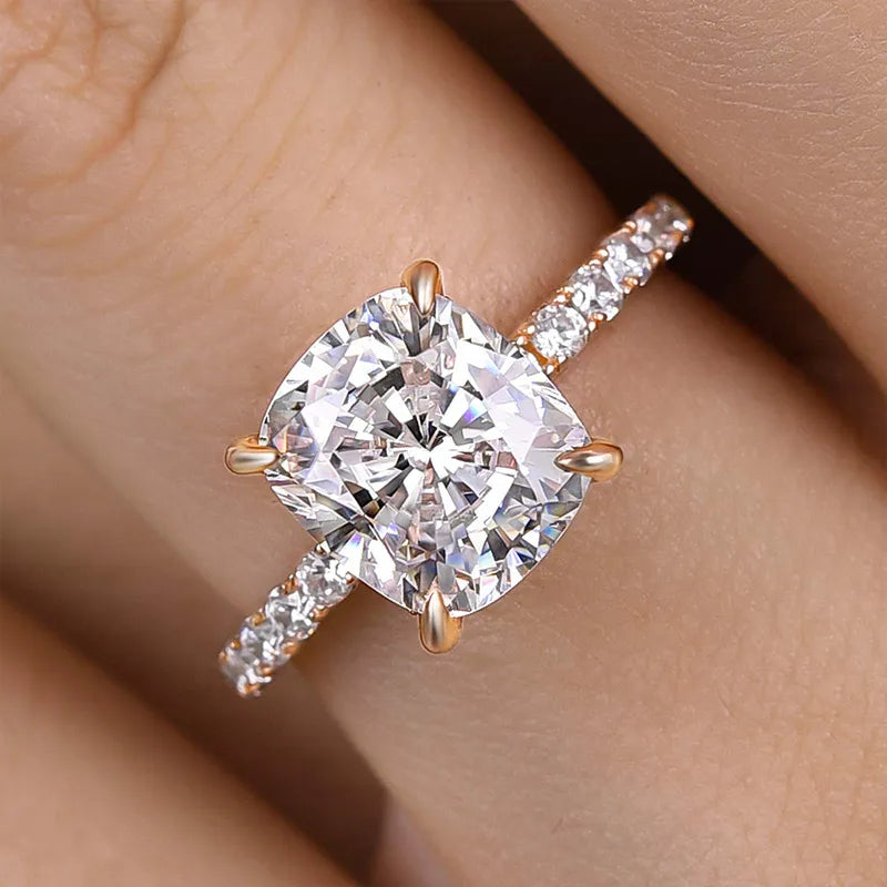 Radiant Cushion Cut 3.0ct Hidden Halo Engagement Ring In Sterling Silver