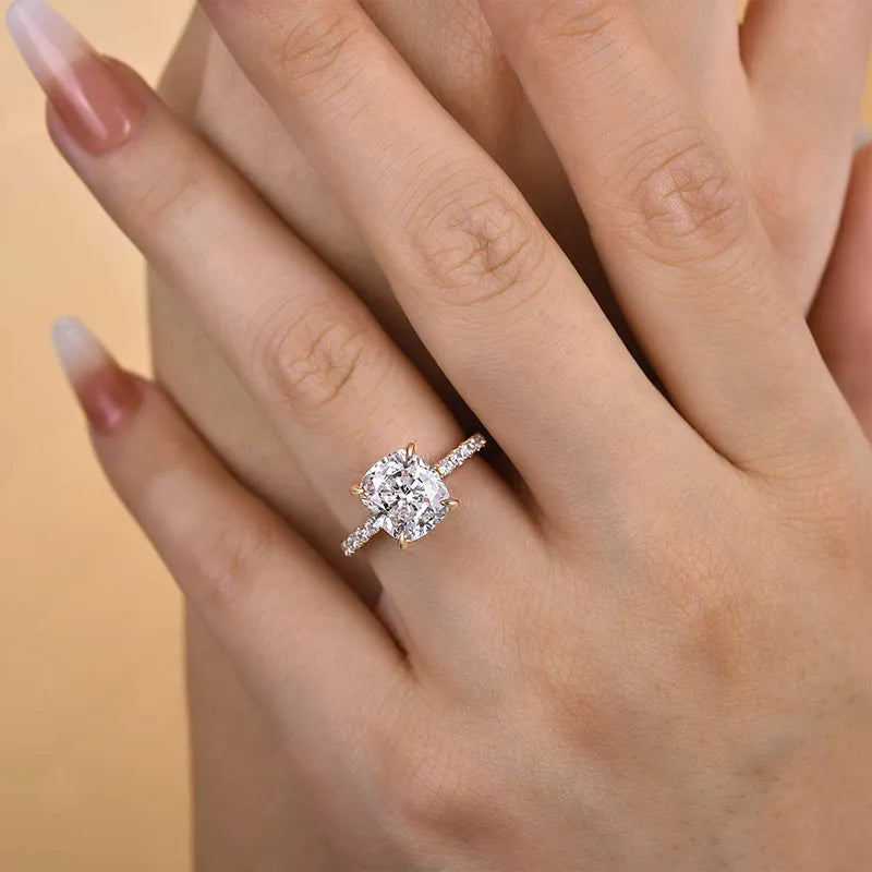 Radiant Cushion Cut 3.0ct Hidden Halo Engagement Ring In Sterling Silver