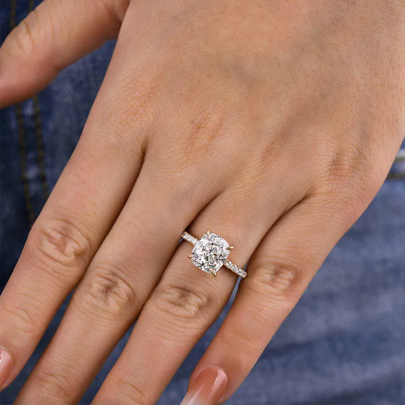Radiant Cushion Cut 3.0ct Hidden Halo Engagement Ring In Sterling Silver
