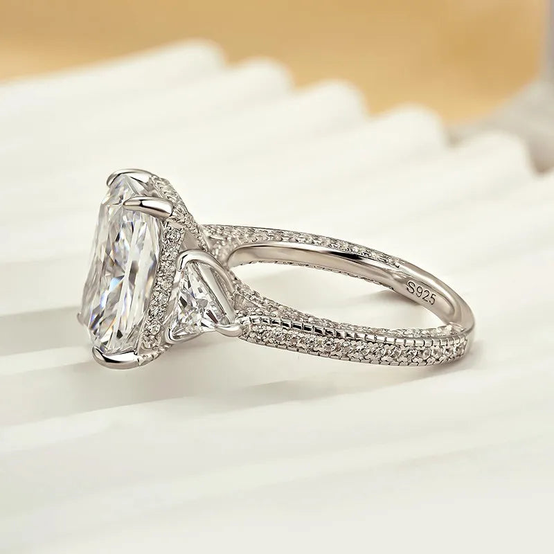 Luxurious Radiant Cut 5.0ct Three Stone Engagement Ring In Sterling Silver