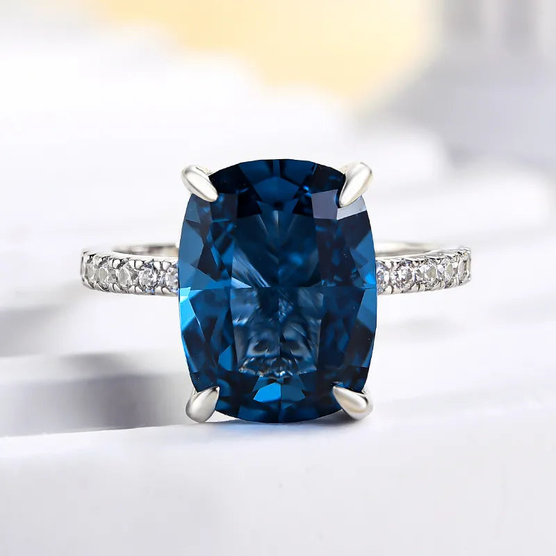 Stunning Cushion Cut 5.0ct Blue Stone Pave Engagement Ring In Sterling Silver