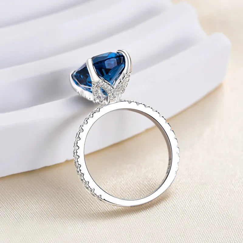 Stunning Cushion Cut 5.0ct Blue Stone Pave Engagement Ring In Sterling Silver