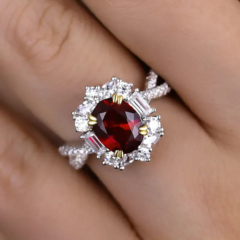 Vintage 2.0ct Twist Oval Cut Ruby Engagement Ring In Sterling Silver