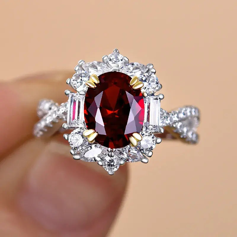 Vintage 2.0ct Twist Oval Cut Ruby Engagement Ring In Sterling Silver