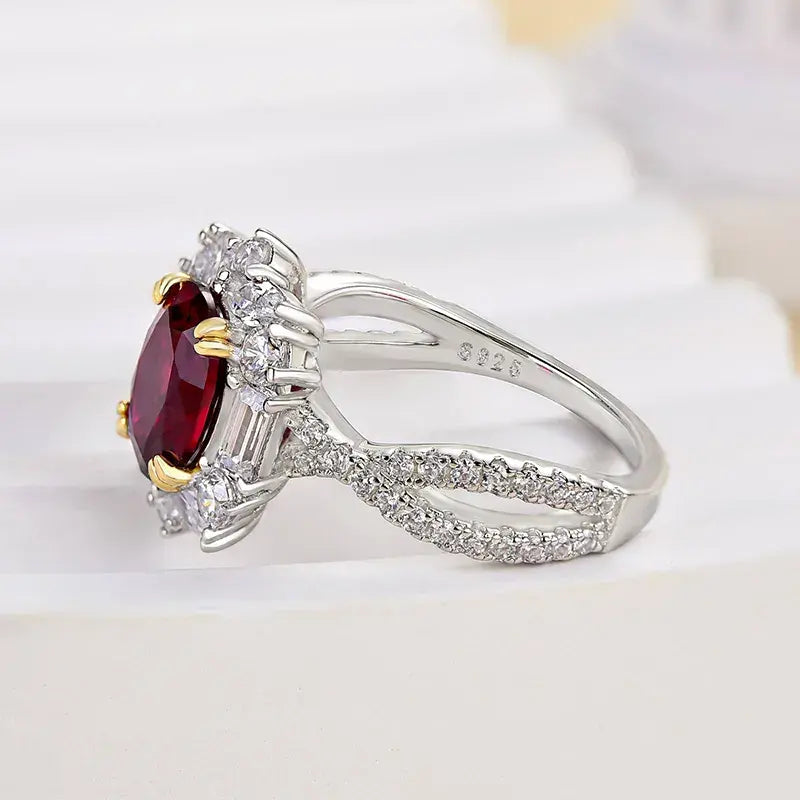 Vintage 2.0ct Twist Oval Cut Ruby Engagement Ring In Sterling Silver