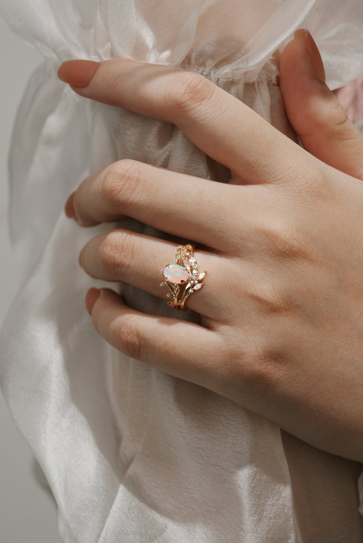 Oval Cut Opal Nature Inspired Leaf Engagement Ring Set 2pcs