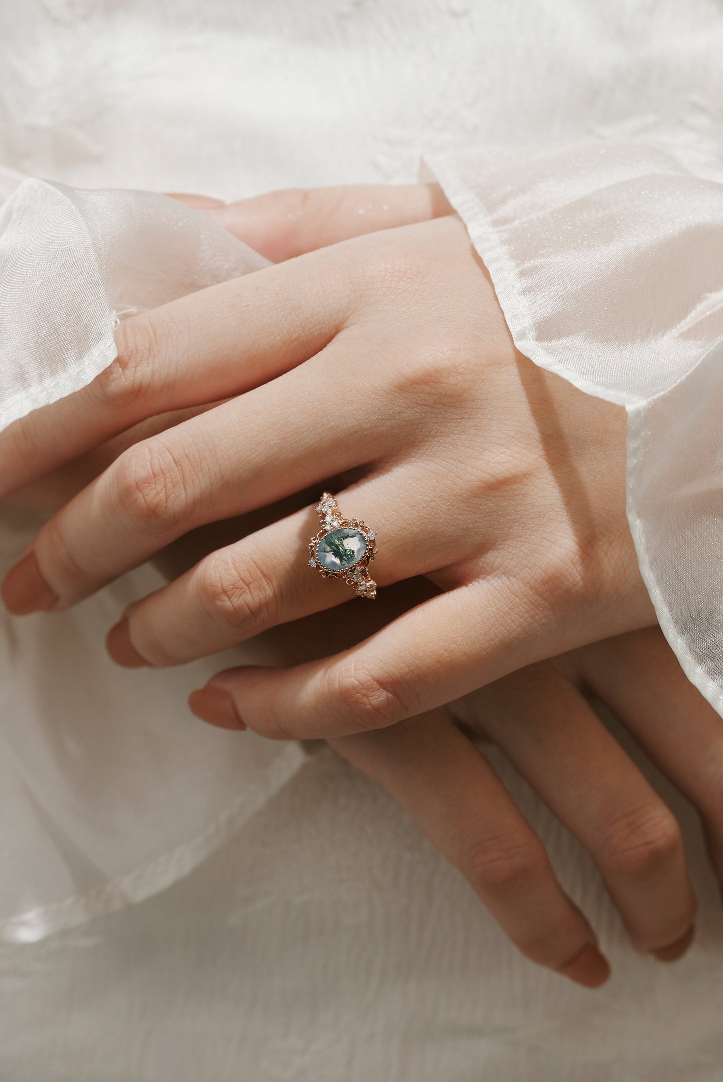 Oval Cut Moss Agate Vintage Engagement Ring